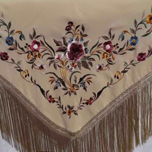 Fleco flamenca beige claro con flores burdeos y mostaza