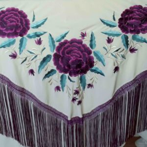 Fleco flamenca marfil con flores moradas