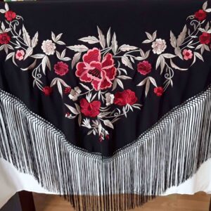 Fleco flamenca negro con flores rojas y beige