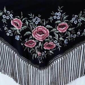 Fleco flamenca negro con flores rosa y azul