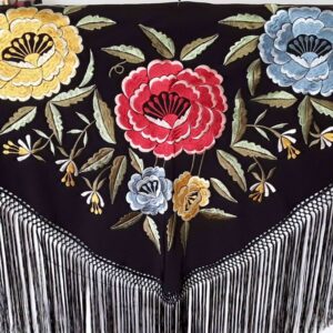 Fleco flamenca negro con flores grandes multicolor