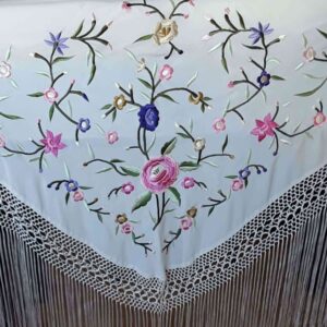 Fleco flamenca blanco con flores pequeñas multicolor