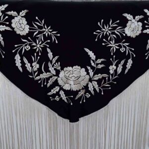 Fleco flamenca negro con flores blancas